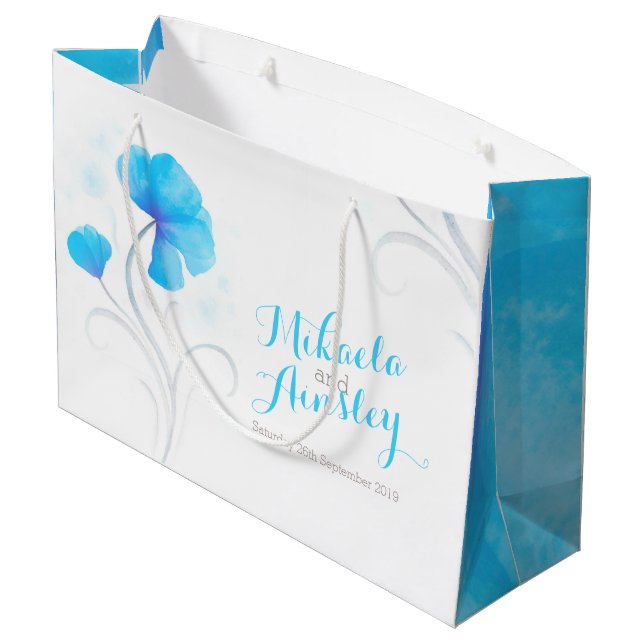 Watercolor wedding bride grooms blue name gift bag (Back Angled)