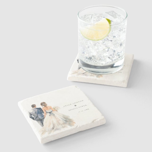 Watercolor Wedding Couple Wedding Stone Coaster (Side)