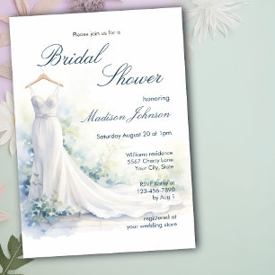 Watercolor Wedding Dress Blue Bridal Shower Invitation