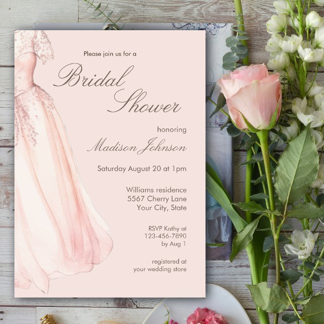 Watercolor Wedding Dress Blush Pink Bridal Shower Invitation (Creator Uploaded)