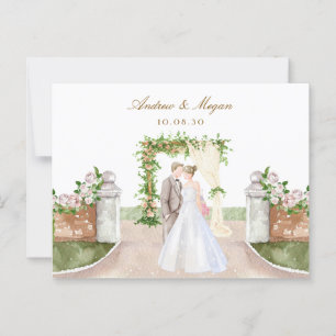 Watercolor wedding garden arch couple art postcard
