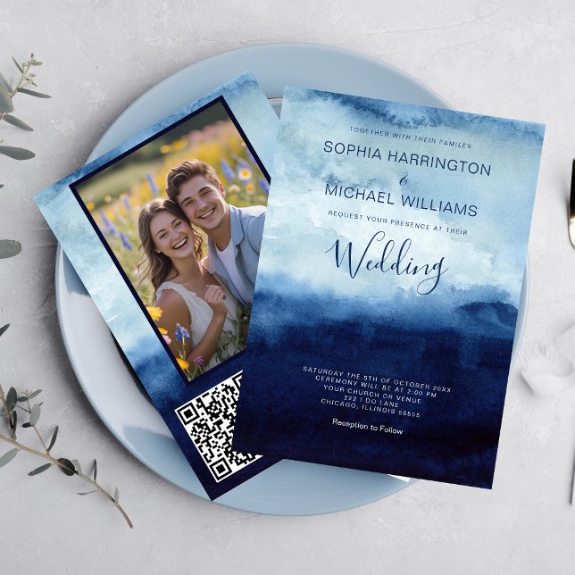 Watercolor Wedding Invitation QR Code Navy Blue  (Creator Uploaded)