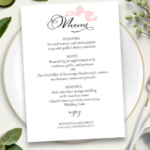Watercolor Wedding Menus   Pink Bow Calligraphy Invitation