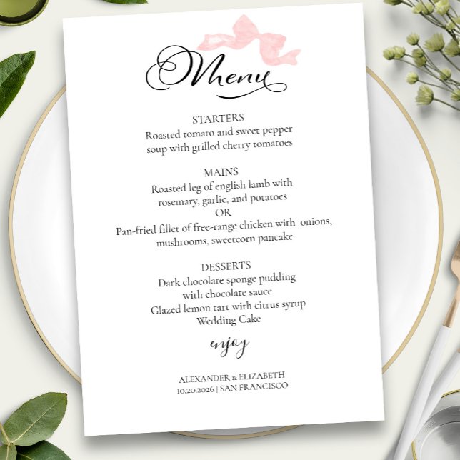 Watercolor Wedding Menus | Pink Bow Calligraphy Invitation (Creator Uploaded)