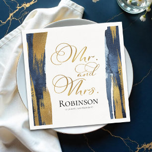 Watercolor Wedding Napkins   Blue Abstract Gilded