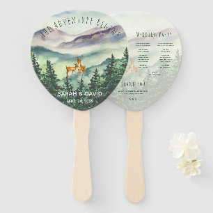 Watercolor Wedding Program Mountains Deer Pines Hand Fan