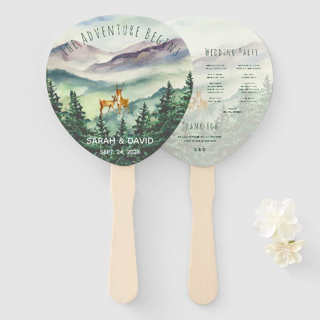 Watercolor Wedding Program Mountains Deer Pines  Hand Fan (Front and Back)