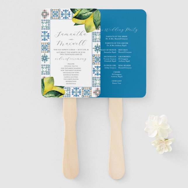 Watercolor Wedding Programs Amalfi Tile Hand Fan (Front and Back)