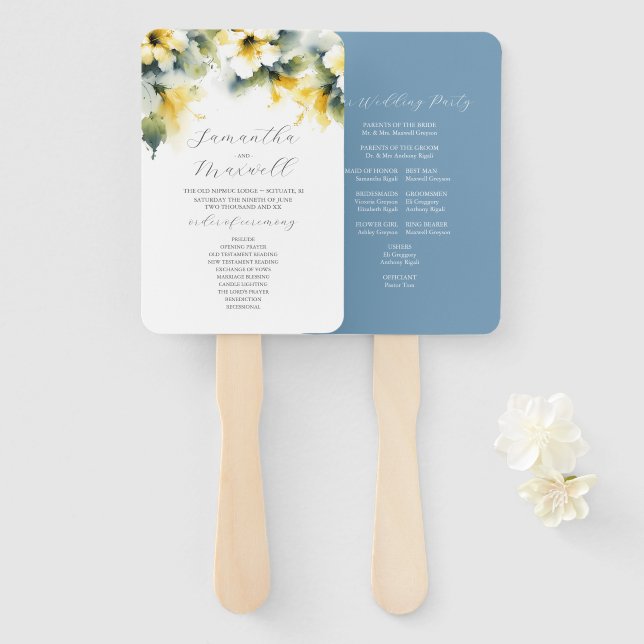 Watercolor Wedding Programs Dusty Blue & Yellow Hand Fan (Front and Back)
