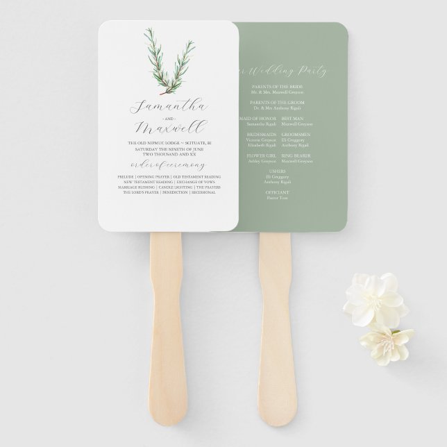 Watercolor Wedding Programs Rosemary Greenery Hand Fan (Front and Back)