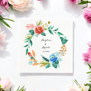 Watercolor Wedding Red Green Floral Paper Napkin
