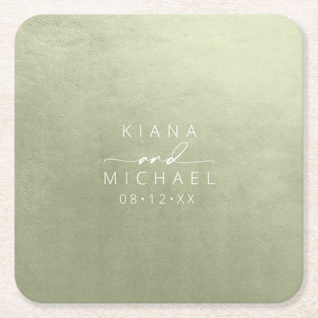 Watercolor Wedding Sage Green ID786 Square Paper C Coaster (Front)