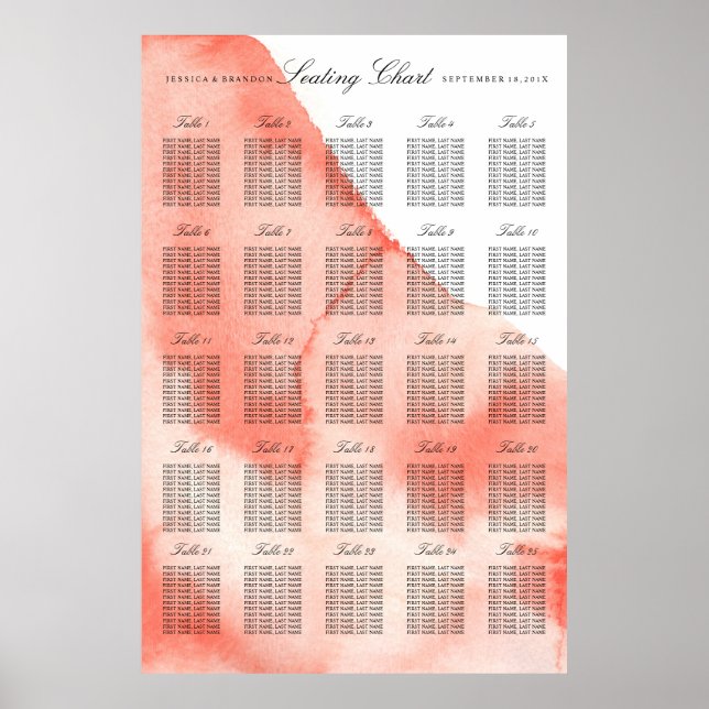 Watercolor Wedding Seating Chart by Table Number (Front)