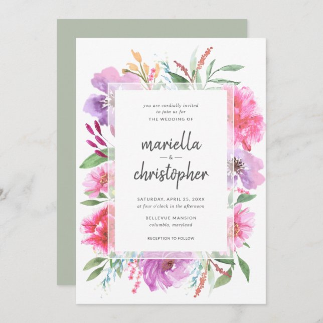 Watercolor Wedding Spring Bouquet Modern Invite (Front/Back)
