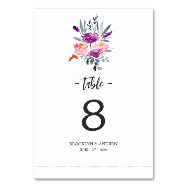 Watercolor Wedding Table Numbers With Flowers (Front)