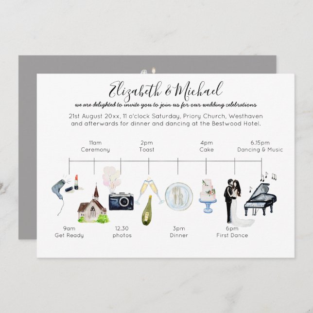 Watercolor Wedding Timeline Icon Program Template (Front/Back)