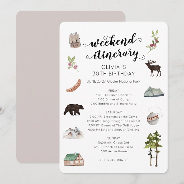 Watercolor Weekend in the Woods Itinerary  Invitation (Front/Back)