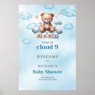 Watercolor we're on cloud nine boy baby shower poster