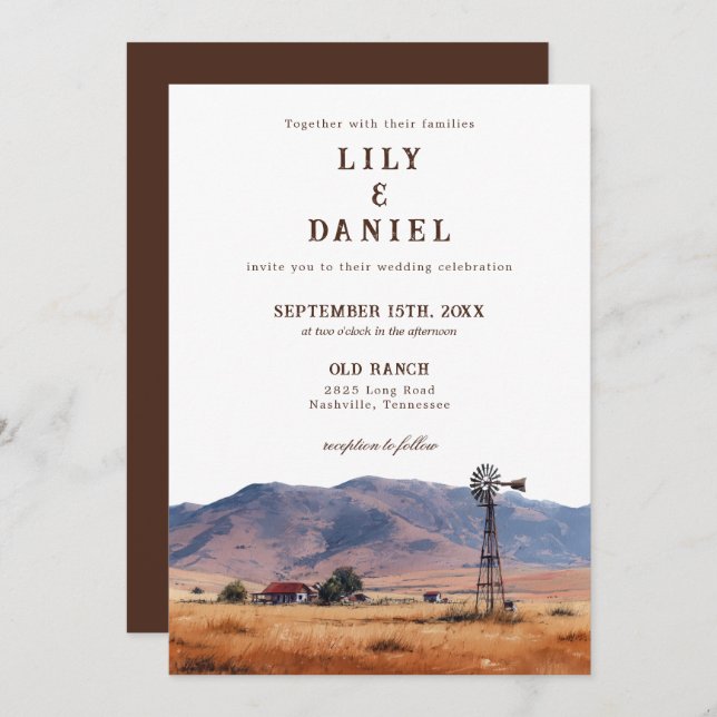 Watercolor Western Mountain Cowboy Ranch Wedding Invitation (Front/Back)