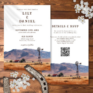 Watercolor Western Mountain Ranch QR Code Wedding Invitation