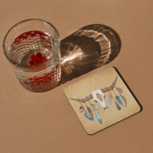 Watercolor Western Skull with Feathers Square Paper Coaster
