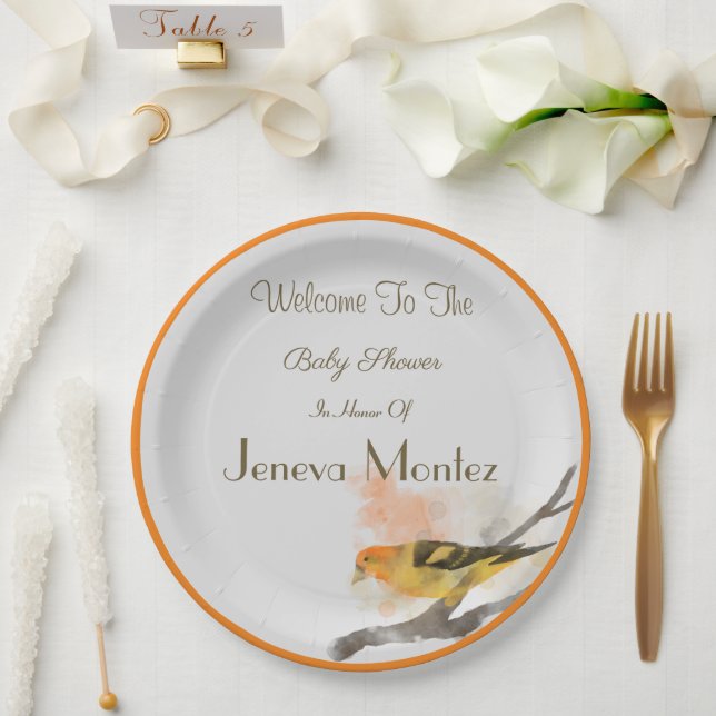 Watercolor Western Tanager Yellow Bird Branch Paper Plate (Wedding)