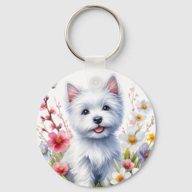 Watercolor Westie on a sunny day - Key Ring (Front)