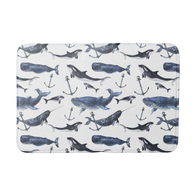 Watercolor Whale & Anchor Pattern Bath Mat (Front)
