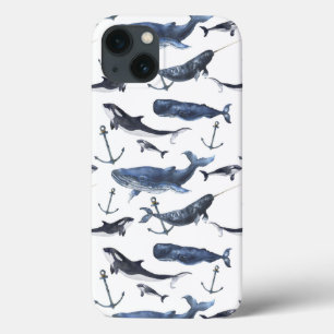 Watercolor Whale & Anchor Pattern iPhone 13 Case