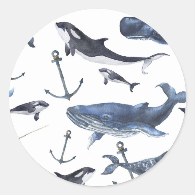 Watercolor Whale & Anchor Pattern Classic Round Sticker (Front)