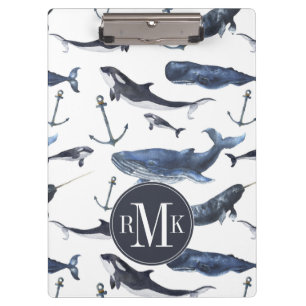 Watercolor Whale & Anchor Pattern Clipboard