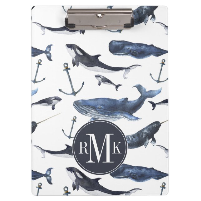 Watercolor Whale & Anchor Pattern Clipboard (Front)