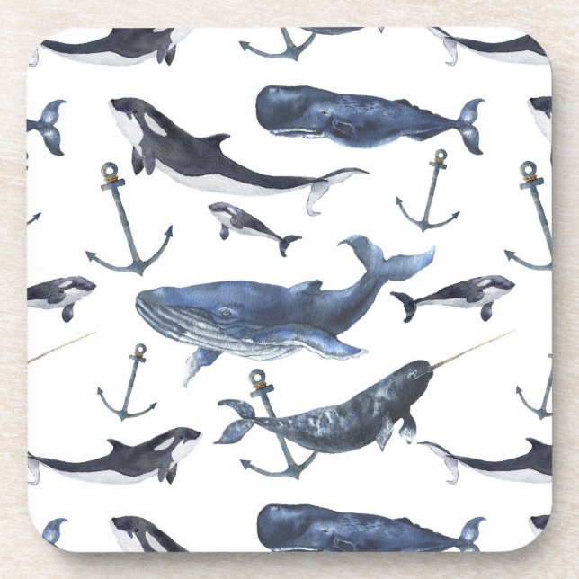 Watercolor Whale & Anchor Pattern Coaster (Front)