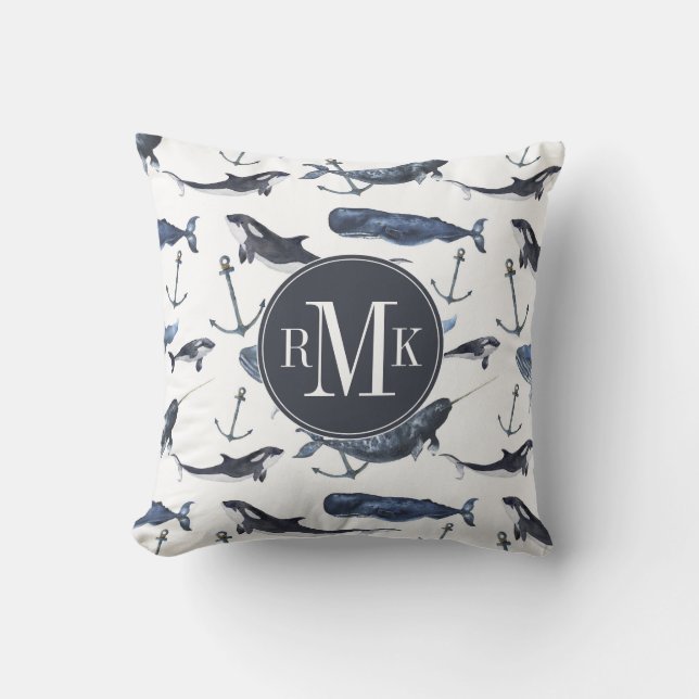 Watercolor Whale & Anchor Pattern Cushion (Front)