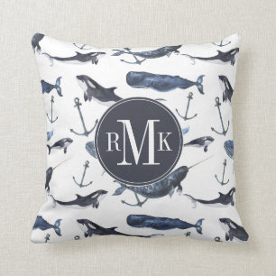 Watercolor Whale & Anchor Pattern Cushion