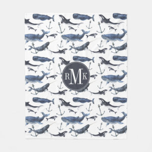 Watercolor Whale & Anchor Pattern Fleece Blanket