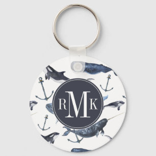Watercolor Whale & Anchor Pattern Key Ring