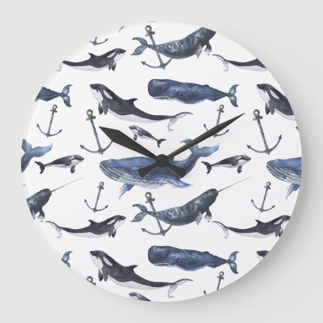 Watercolor Whale & Anchor Pattern Large Clock (Front)