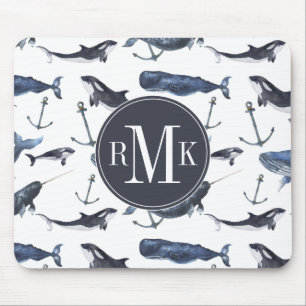 Watercolor Whale & Anchor Pattern Mouse Pad