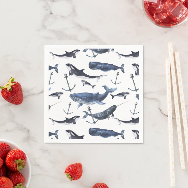 Watercolor Whale & Anchor Pattern Napkin (Insitu)