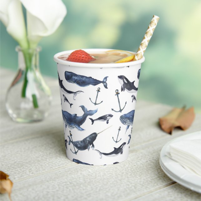 Watercolor Whale & Anchor Pattern Paper Cups (Insitu)