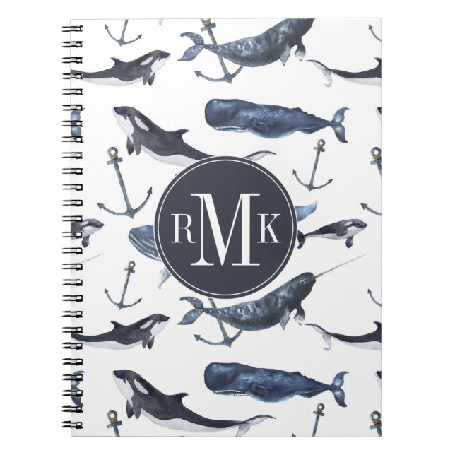 Watercolor Whale & Anchor Pattern Spiral Notebook (Front)