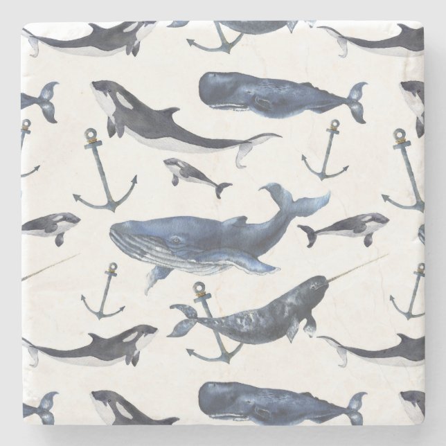 Watercolor Whale & Anchor Pattern Stone Coaster (Front)