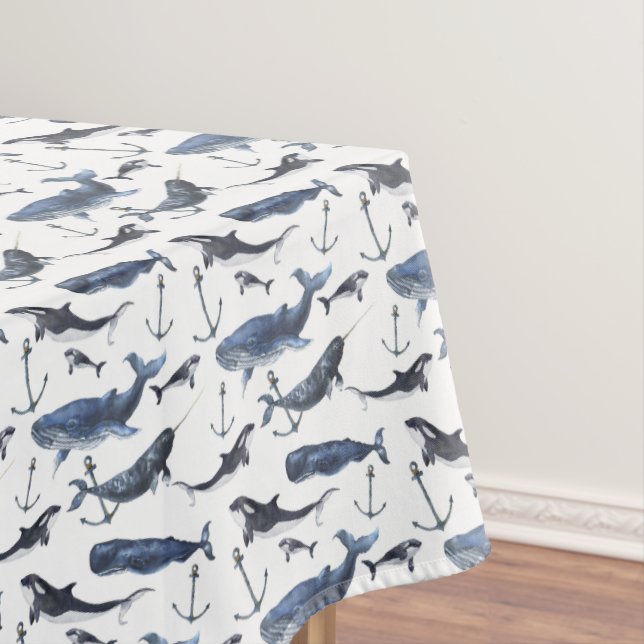 Watercolor Whale & Anchor Pattern Tablecloth (In Situ)