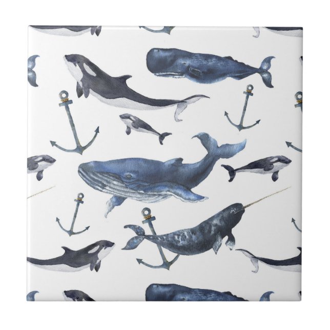 Watercolor Whale & Anchor Pattern Tile (Front)