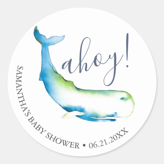 Watercolor Whale and Starfish Blue  Classic Round Sticker (Front)