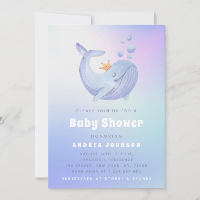 Watercolor Whale Gender Neutral Gradient Ocean Invitation (Front)
