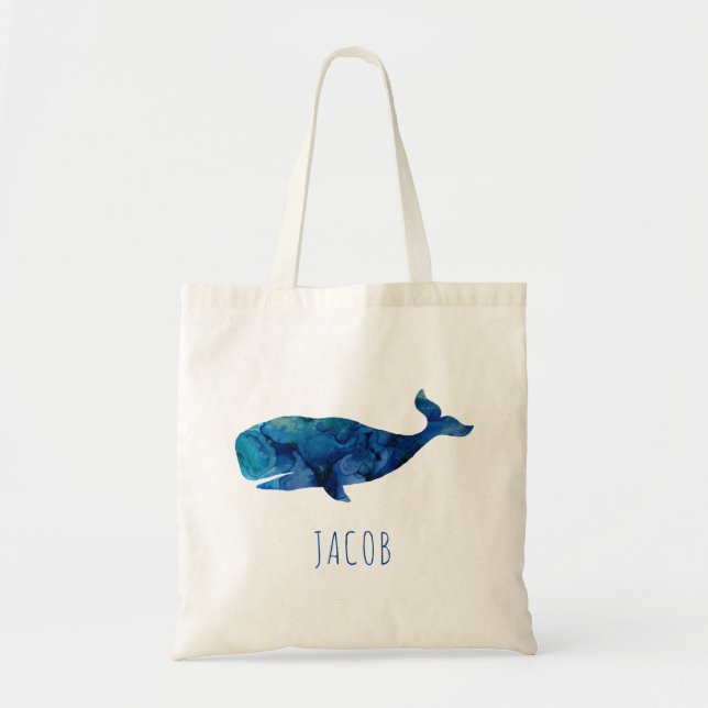 Watercolor Whale Marine Kids Personalised Tote Bag (Front)