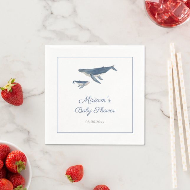 Watercolor Whale Mum And Calf Baby Shower Party Napkin (Insitu)