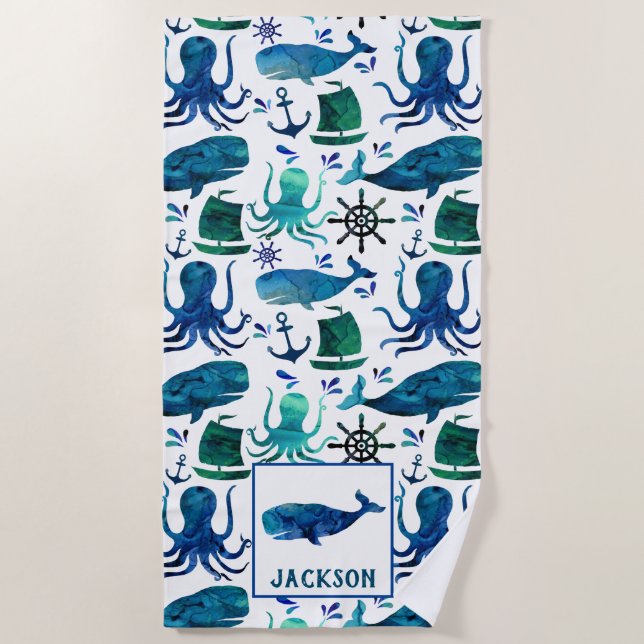 Watercolor Whale Octopus Pattern Kids Nautical Beach Towel (Front)